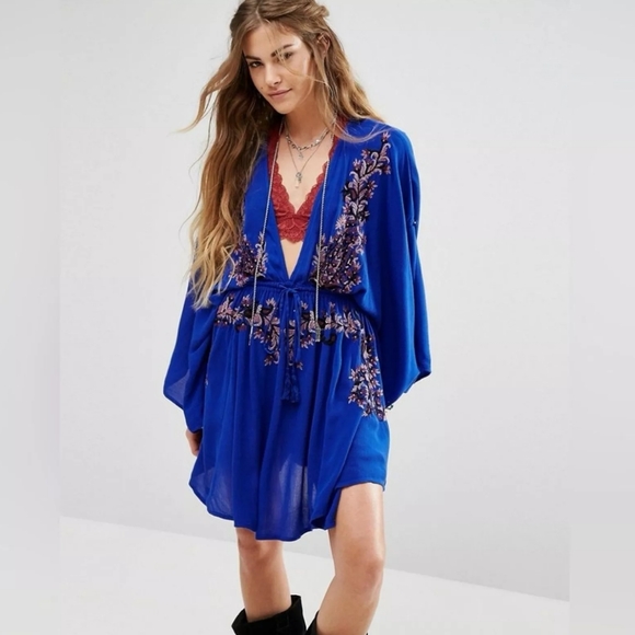 Free People Dresses & Skirts - Free People Royal Blue Embroidered Floral Boho Mini Dress